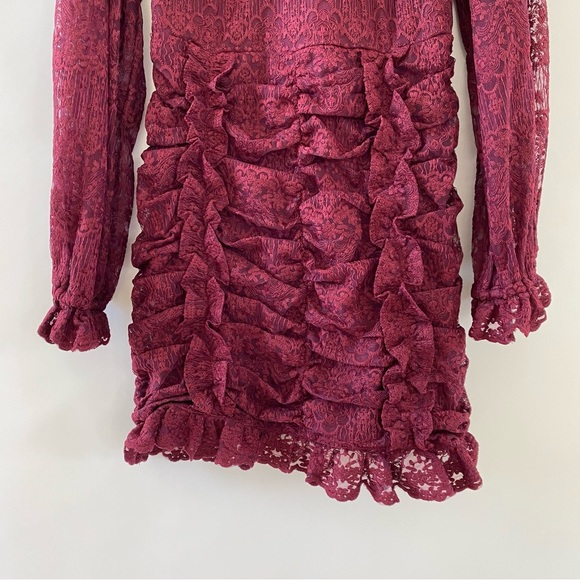 Lace Embroidered Sheer Detail Ruffle Ruched High Waist Mini Dress Maroon Small - Picture 10 of 14